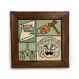 Vintage 70s Framed Crewel Embroidery Picture judge Dixon green brown